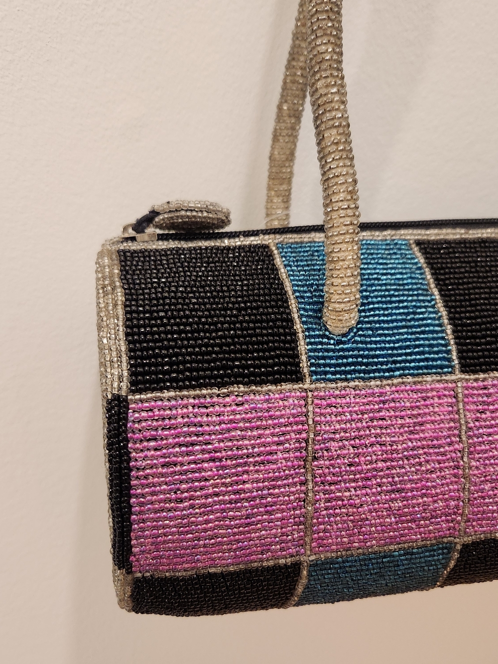Beaded Mini Cylinder Shoulder Bag in Pink, Blue & Black - Picture 3 of 5